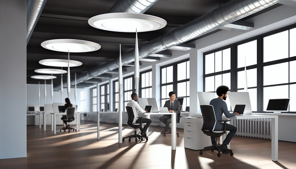 Modern office space with multiple workstations, featuring professionals engaged in tasks on laptops, emphasizing connectivity and collaboration in a bright environment.